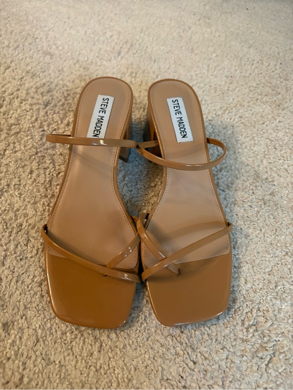 Steve Madden Tan Patent Strappy Square-Toe Block Heel Sandals